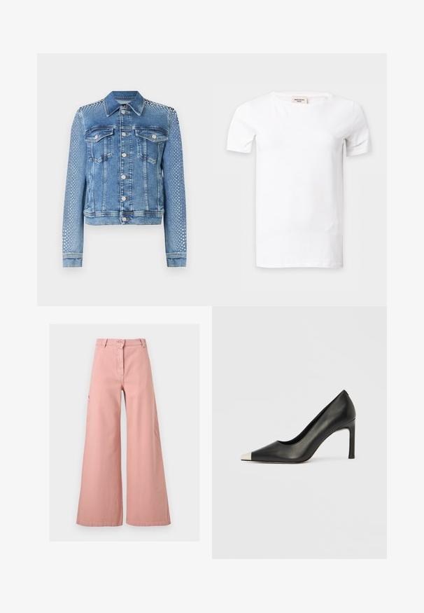 Jeansjacke in hellblau mit klassischem Kragen, Brusttaschen und langen Ärmeln. Die Ärmel sind mit metallischen Nietenverzierungen versehen, die einen strukturierten Look verleihen.; Ein schlichtes weißes T-Shirt mit kurzen Ärmeln und rundem Halsausschnitt, dargestellt vor einem hellgrauen Hintergrund.; Hoch taillierte, weit geschnittene Hose in gedämpftem Rosa mit Knopf- und Reißverschluss vorne, Gürtelschlaufen und Seitentaschen.; Schwarzer Lederschuh mit hohem Absatz, spitz zulaufender Zehenpartie und metallischer silberner Spitze. Verfügt über eine glatte Oberfläche und einen schlanken 10 cm hohen Absatz.