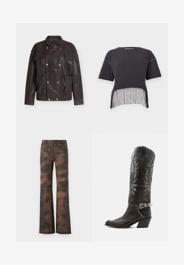 Veste marron en similicuir avec col montant, poches avant, ferrures dorées et finition texturée. Conception avec taille cintrée.; Haut court noir à manches courtes avec col rond, clous argentés sur les coutures d'épaule, et long détail de franges le long de l'ourlet.; Pantalon évasé en denim marron avec une finition délavée et texturée. Il dispose de cinq poches, passants de ceinture et d'une fermeture par bouton. Coutures plates et jambes larges.; Botte de cowboy en cuir noir avec découpes décoratives, boucle argentée et talon incliné, présentée sur fond blanc.