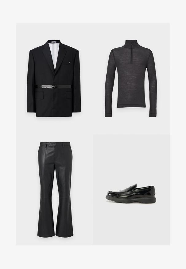 Blazer noir ajusté avec une coupe slim, épaules structurées, détail de ceinture en satin et deux poches avant. Intérieur doublé en blanc.; Chandail noir à manches longues et col roulé en tissu texturé, avec une demi-fermeture éclair au niveau du col et des manches ajustées.; Pantalon en cuir noir avec une taille mi-haute, des passants pour ceinture, des coutures avant détaillées et un léger évasement au bas des jambes.; Mocassin en cuir noir avec une finition brillante, bout arrondi, détails de couture subtils et semelle en caoutchouc épaisse pour la durabilité.