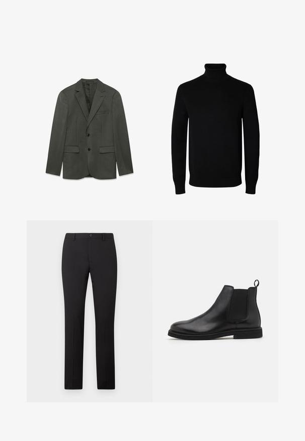 Dunkelgraue Herrenanzugjacke mit Revers, zwei vorderen Knöpfen, Klapptaschen und einer Brusttasche, flach auf einem weißen Hintergrund präsentiert.; Schwarzer Langarm-Rollkragenpullover mit gerippten Bündchen und Saum, auf einem schlichten weißen Hintergrund dargestellt.; Schwarze, maßgeschneiderte Hose mit geradem Bein, ausgestattet mit Knopfverschluss und Gürtelschlaufen. Hergestellt aus glattem Stoff ohne sichtbare Muster.; Schwarze Leder Chelsea-Stiefel mit elastischen Seitenpanelen und einem Zugtab. Gerundete Zehenpartie und flache Gummisohle, die eine glatte Oberfläche zeigt.