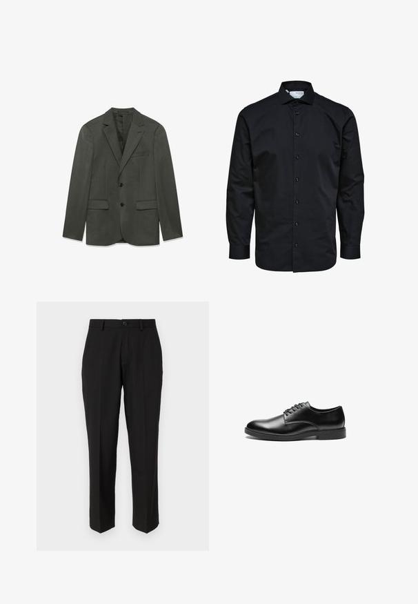 Dunkelgraue Herrenanzugjacke mit Revers, zwei vorderen Knöpfen, Klapptaschen und einer Brusttasche, flach auf einem weißen Hintergrund präsentiert.; Herren Langarm schwarzes Hemd mit Knopfleiste vorne und klassischem Kragen, aus glattem Stoff.; Schwarze Hosen aus glattem Stoff mit geradem Bein, Fronttaschen, einem einzigen Knopfverschluss und ohne sichtbare Muster.; Schwarze Lederschuhe mit glatter Oberfläche, runder Spitze, sechs Ösen für das Schnürdesign und einer flachen Gummisohle.