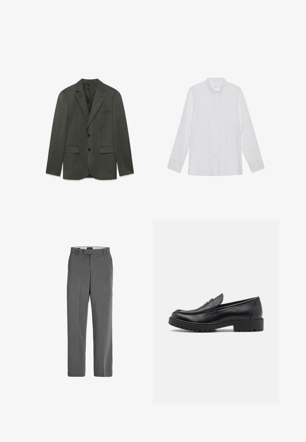 Chaqueta de traje de hombre en gris oscuro con solapas tipo notch, dos botones delanteros, bolsillos con solapa y un bolsillo en el pecho, presentada plana sobre un fondo blanco.; Camisa blanca de manga larga hecha de tela suave, con cuello puntiagudo, cierre frontal de botones y puños de un solo botón.; Pantalones gris con una textura suave, diseño de pierna recta y un patrón vertical sutil. Cuenta con trabillas para el cinturón y bolsillos delanteros y traseros.; Mocasines de cuero negro con punta redondeada, diseño sin cordones y suela de goma gruesa con agarre texturizado. Tacón elevado y detalles de costura sutiles.