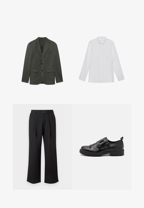 Donkergrijze herenpakjasje met geknipte revers, twee knopen aan de voorkant, klepzakken en een borstzak met welt, plat weergegeven op een witte achtergrond.; Witte blouse met lange mouwen van soepel stof, met een puntige kraag, voorkant met knoopsluiting en manchetten met één knoop.; Zwarte wijde broek gemaakt van een gladde stof, met een voorplooien, een knoopsluiting en zijzakken.; Pier One by Zalando Zakelijke loafers - black