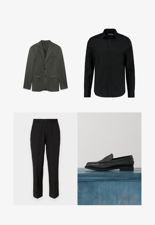 Dunkelgraue Herrenanzugjacke mit Revers, zwei vorderen Knöpfen, Klapptaschen und einer Brusttasche, flach auf einem weißen Hintergrund präsentiert.; Schwarzes Langarmhemd aus glattem Stoff, mit Knopfleiste, spitzem Kragen und taillierter Passform mit abgerundetem Saum.; Schwarze Hosen aus glattem Stoff mit geradem Bein, Fronttaschen, einem einzigen Knopfverschluss und ohne sichtbare Muster.; Schwarze Leder-Loafer mit schlankem Design, ausgestattet mit einer abgesteppten Zehe und einer glatten Oberfläche. Der Schuh verfügt über einen flachen Absatz und minimale Verzierungen.