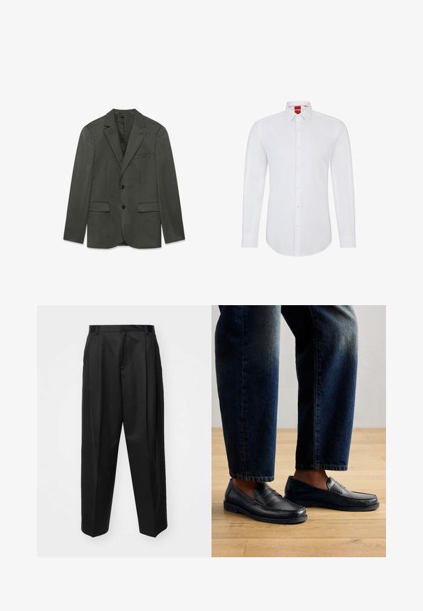Dunkelgraue Herrenanzugjacke mit Revers, zwei vorderen Knöpfen, Klapptaschen und einer Brusttasche, flach auf einem weißen Hintergrund präsentiert.; Weißes Langarmhemd mit Kragen, ausgestattet mit einer durchgehenden Knopfleiste und weichem, glattem Stoff. Keine Muster oder Akzente sichtbar.; Schwarze, taillierte Hosen mit hoher Taille, weitem Bein und scharfen Falten. Aus glattem Stoff gefertigt, mit Gürtelschlaufen und ohne sichtbare Beschläge.; Schwarze Lederlofer mit gestickten Details und strukturierten Akzenten, getragen mit dunklem Denim, der ein lässiges und schlankes Design zur Schau stellt.