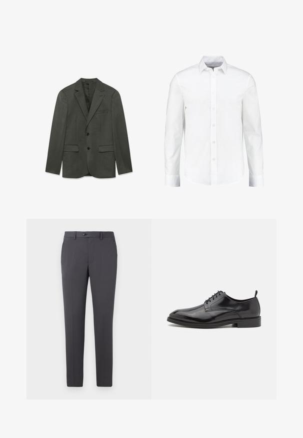Dunkelgraue Herrenanzugjacke mit Revers, zwei vorderen Knöpfen, Klapptaschen und einer Brusttasche, flach auf einem weißen Hintergrund präsentiert.; Weißes langärmliges Hemd mit Knöpfen aus glattem Baumwollstoff. Verfügt über einen klassischen Kragen und eine durchgehende Knopfleiste mit geradem Saum.; Graue Hose aus glattem Stoff mit geradem Schnitt, Knopfverschluss, Gürtelschlaufen und Seitentaschen. Schlichtes und funktionales Design.; Schwarze Lederschuhe mit glatter Oberfläche, runder Spitze und Schnürdesign. Verfügt über eine flache schwarze Gummisohle und einen kleinen Absatz.