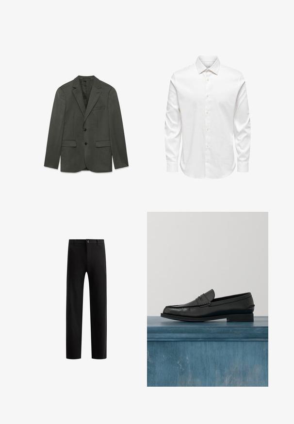Dunkelgraue Herrenanzugjacke mit Revers, zwei vorderen Knöpfen, Klapptaschen und einer Brusttasche, flach auf einem weißen Hintergrund präsentiert.; Weißes Herrenhemd mit langen Ärmeln, spitzem Kragen und einer vorderen Reihe weißer Knöpfe auf einfarbigem Hintergrund.; Schwarze, maßgeschneiderte Hose mit flachem Vorderteil, geraden Beinen, einem Knopfverschluss und Gürtelschlaufen, aus einem glatten Stoff ohne sichtbare Muster.; Schwarze Leder-Loafer mit schlankem Design, ausgestattet mit einer abgesteppten Zehe und einer glatten Oberfläche. Der Schuh verfügt über einen flachen Absatz und minimale Verzierungen.