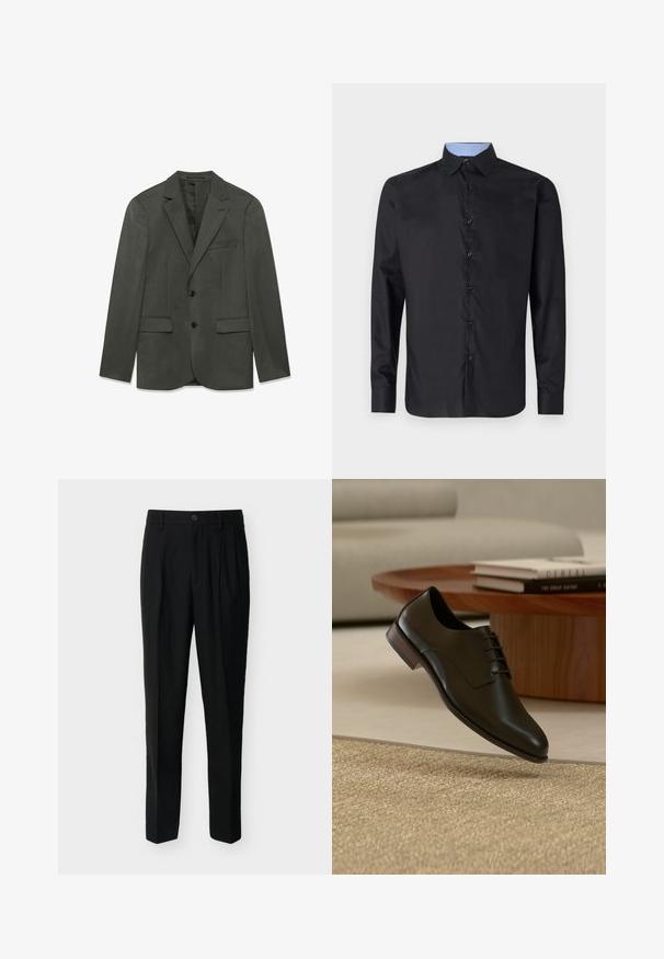 Dunkelgraue Herrenanzugjacke mit Revers, zwei vorderen Knöpfen, Klapptaschen und einer Brusttasche, flach auf einem weißen Hintergrund präsentiert.; Schwarzes Langarmhemd aus glattem Stoff, mit durchgehender Knopfleiste, spitzem Kragen und einem hellblauen karierten Innenkragen.; Schwarze, hoch taillierte, maßgeschneiderte Hose mit Gürtelschlaufen, vorderen Falten, Seitentaschen sowie Knopf- und Reißverschluss.; Schwarzer Lederschuh mit Schnürsenkeln, der über einem strukturierten beigen Teppich in einem modernen Wohnzimmer mit Holztisch und Büchern schwebt.