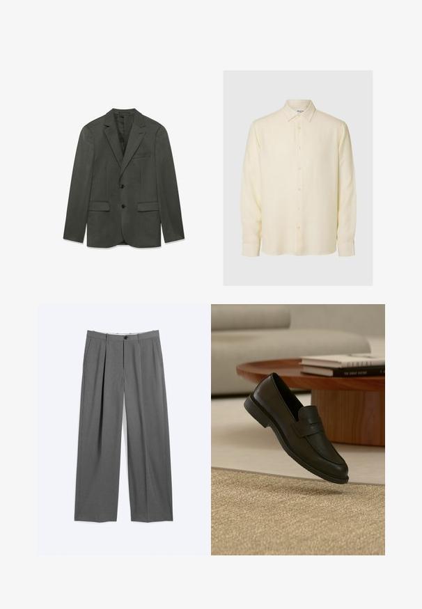 Chaqueta de traje de hombre en gris oscuro con solapas tipo notch, dos botones delanteros, bolsillos con solapa y un bolsillo en el pecho, presentada plana sobre un fondo blanco.; Camisa de manga larga de color crema con cuello, siete botones en la parte delantera y etiqueta de la marca visible en el interior del cuello.; Pantalones formales grises con piernas rectas, pliegues delanteros, bolsillos laterales, trabillas para cinturón y cierre frontal con botón y cremallera.; Zapato mocasín de cuero negro mostrado en el aire sobre una alfombra beige tejida, con una mesa de madera y libros apilados en una sala de estar con luz suave.