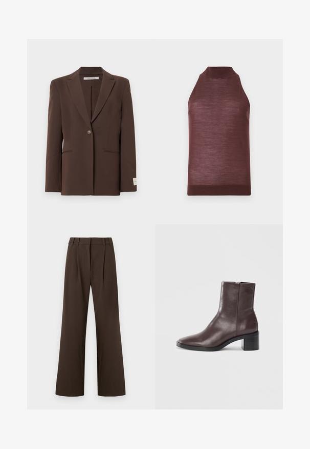 Blazer marron ajusté avec un seul bouton, revers crantés, deux poches fendues à l'avant et une étiquette blanche sur le poignet gauche.; Top tricoté marron sans manches avec col haut et ourlet côtelé, présenté sur un fond clair uni.; Pantalon marron à jambes larges avec une taille haute, présentant des plis à l'avant, fabriqué dans un tissu lisse sans motifs ni accents visibles.; Bottine en cuir marron foncé avec un orteil carré, un talon bloc et un logo embossé subtil près du haut sur fond blanc uni.