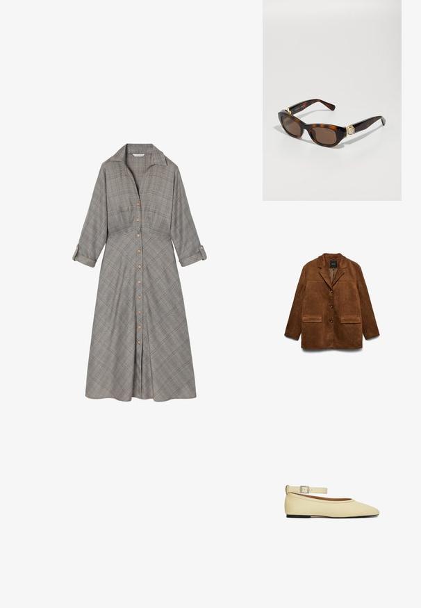 Brun ruskindsjakke med hakkraven, tre knapper foran og to klaplommer på hvid baggrund.; Gråternet kjole med krave, knapfront og lange ærmer. Lavet af tekstureret stof, med beige knapper og en flagrende nederdel.; Beige flad ballerinasko med spids tå og justerbar ankelrem med sølvspænde, sort sål, glat læderfinish.; Sorte solbriller med brune linser, prydet med guldhardware og en krystalgarniture. Katteøjeform og glat plastisk tekstur.