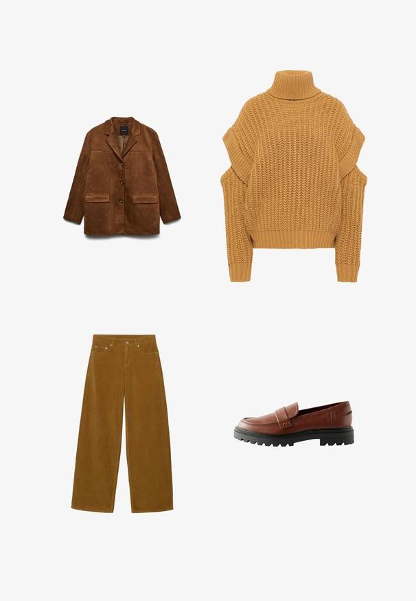 Brun ruskindsjakke med hakkraven, tre knapper foran og to klaplommer på hvid baggrund.; Sennepsfarvet strikket sweater med højt rullekrave, oversized pasform, ribbede manchetter og sænkede skuldre, prydet med et tekstureret chunky mønster.; Brune bredbenede kordfløjlsbukser med forreste knap, lynlås og fem-lomme-design.; Brune læder loafers med en forhøjet tåhætte, dekorativ rem og tekstureret sort gummisål med markant mønster.