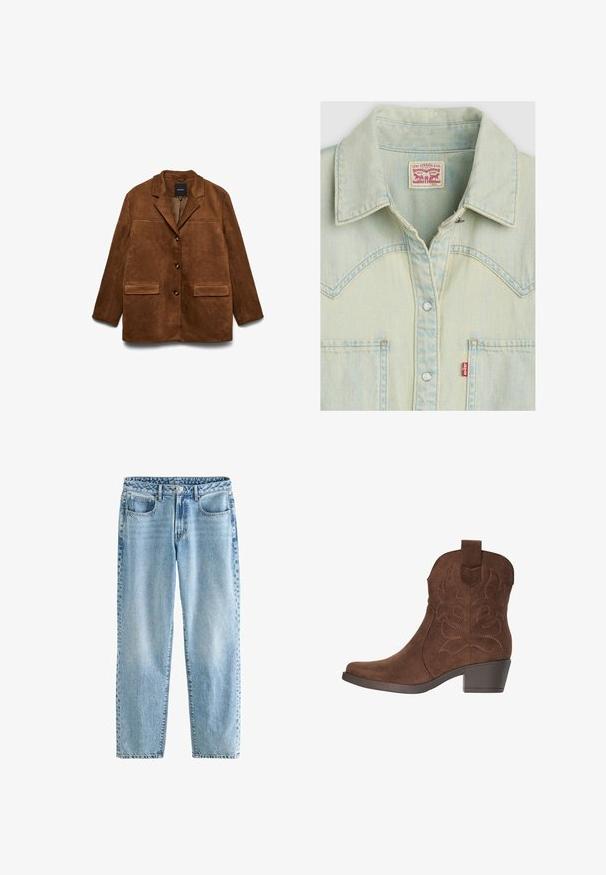 Brun ruskindsjakke med hakkraven, tre knapper foran og to klaplommer på hvid baggrund.; Lyseblå denimskjorte med klassisk krave, trykknapper, brystlomme og en label i rødt og hvidt design. Har en falmet tekstur.; Lysblå denimjeans med en afslappet pasform. Har fire lommer, en klassisk knaplukning og minimal falming for en ensartet struktur.; Brun ankelcowboystøvle i ruskind med dekorerede, syede mønstre og en lav, stableret hæl på en hvid baggrund.