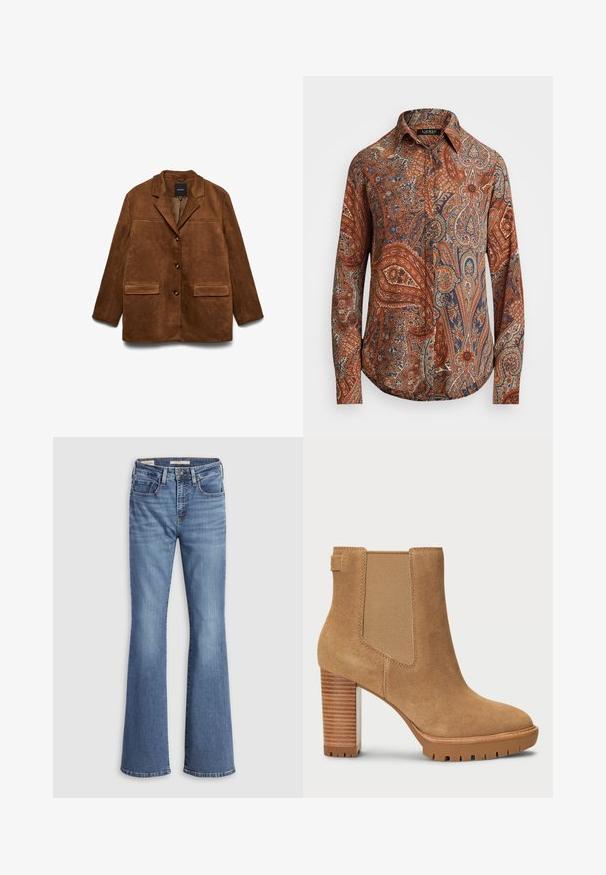 Brun ruskindsjakke med hakkraven, tre knapper foran og to klaplommer på hvid baggrund.; Langærmet skjorte i paisley mønster med rige nuancer af rust, blå og creme. Stoffet har en glat tekstur, med en klassisk krave og knaplukning.; Lyseblå denim jeans med vidde forneden og høj talje, med fem lommer, kontrastsyninger og en blød tekstur.; Tan ruskindsankelstøvle med blokhæl, elastisk sidepanel og gummisål med et mønster for bedre greb.