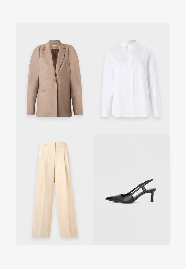 Blazer beige en tissu texturé, avec une fermeture à un bouton, un col à revers et deux poches avant. Design structuré aux épaules.; Chemise blanche à manches longues avec col, sept boutons visibles, et un ourlet droit sur un fond clair uni.; Pantalon beige à larges jambes avec plis devant, passants de ceinture, poches latérales et fermeture avant dissimulée.; Chaussure à bride arrière en cuir noir avec bout pointu, dotée d'un accent brillant sur le bout et d'un talon de hauteur moyenne. Design latéral ouvert.