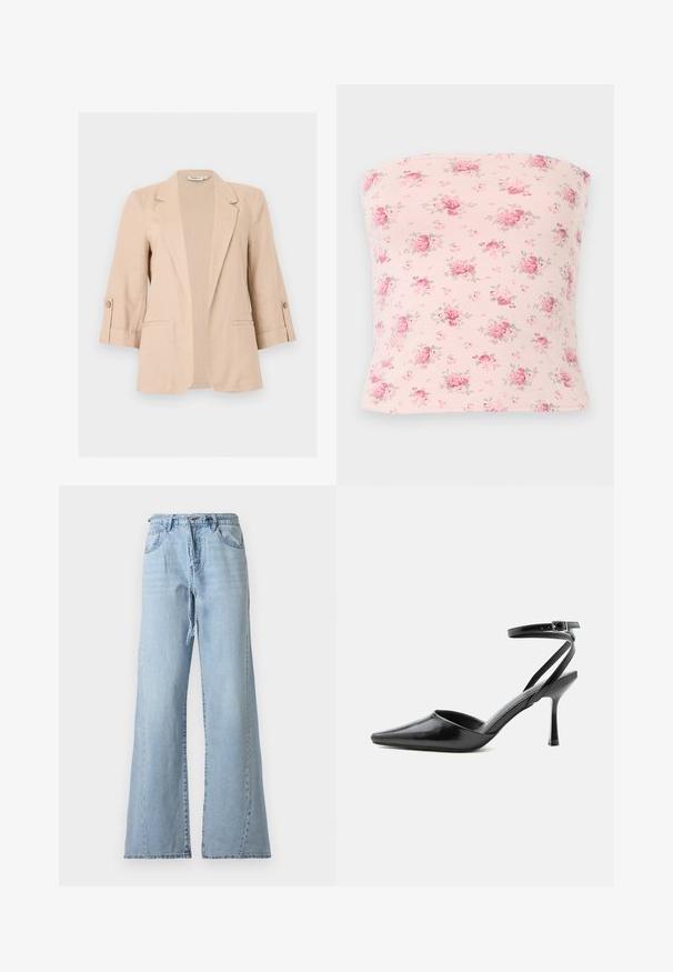 Blazer beige pour femme avec manches trois-quarts, ouverture devant, revers encastrés, pattes de manches boutonnées et deux poches passepoilées à l'avant.; Haut bustier rose clair avec un motif dispersé de petits bouquets floraux roses et rouges avec des feuilles vertes.; Jean en denim bleu clair taille haute à jambes larges, avec poches avant, passants pour ceinture, fermeture éclair et ceinture en denim assortie.; Escarpin noir à bout pointu avec fines brides de cheville et fermeture à boucle argentée sur fond clair uni.