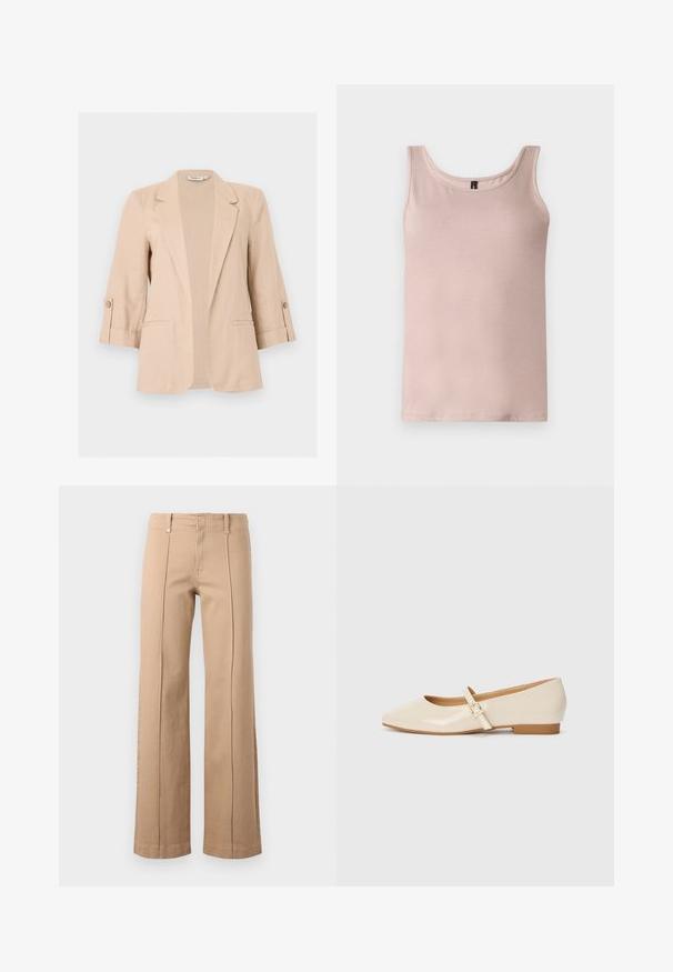 Blazer beige pour femme avec manches trois-quarts, ouverture devant, revers encastrés, pattes de manches boutonnées et deux poches passepoilées à l'avant.; Débardeur rose clair sans manches avec encolure dégagée, présenté à plat sur un fond blanc.; Pantalon beige à jambe droite avec coutures centrales à l'avant, passants pour ceinture et fermeture éclair sur un fond clair uni.; Ballerines en cuir verni beige avec un embout carré, un petit talon et une bride ajustable à la cheville avec une boucle dorée.