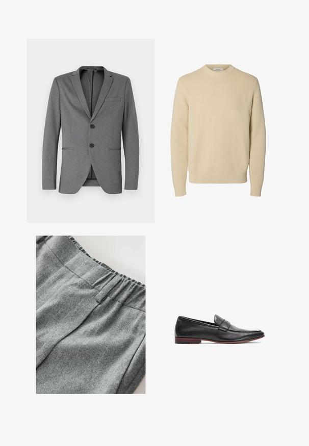 Grå blazer med to sorte knapper, almindelige klapper og en enkelt brystlomme. Fremstillet af tekstureret stof med en skræddersyet pasform.; Enkel beige crewneck striktrøje med lange ærmer og ribstrikkede manchetter og kant.; Grå sweatshirt-stof med en blød tekstur, der har en elastisk talje og subtile syninger. Nærbillede af materialet.; Sorte læder loafers med en glat tekstur, der har en syet detalje og en lav træhæl med en rød accent.