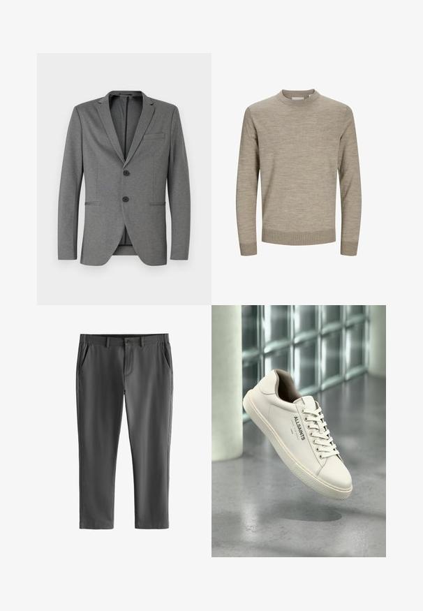 Grauer Blazer mit zwei schwarzen Knöpfen, mit Reverskragen und einer einzelnen Brusttasche. Hergestellt aus strukturiertem Stoff mit schmaler Passform.; Beiger Pullover mit Rundhalsausschnitt und langen Ärmeln, mit gerippten Bündchen und Saum, auf weißem Hintergrund präsentiert.; Dunkelgraue, maßgeschneiderte Hose mit Gürtelschlaufen, vorderem Knopf- und Reißverschluss sowie schrägen Seitentaschen, dargestellt vor weißem Hintergrund.; Weißer AllSaints-Sneaker mit Schnürsenkeln, Logo und japanischem Text, der über einem polierten Betonboden mit mattierten Glasbausteinen im Hintergrund schwebt.