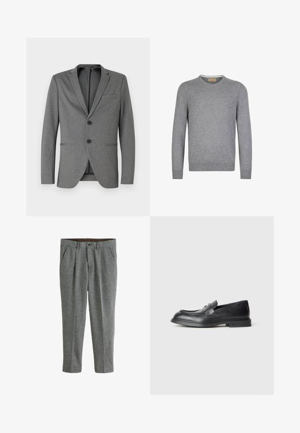 Grauer Blazer mit zwei schwarzen Knöpfen, mit Reverskragen und einer einzelnen Brusttasche. Hergestellt aus strukturiertem Stoff mit schmaler Passform.; Grauer, langärmeliger Pullover aus weichem Strickmaterial. Rundhalsausschnitt, gerippte Bündchen und Saum, mit einem einfachen und klaren Design.; Graue Wollhose mit strukturierter Oberfläche, im Straight-Leg-Schnitt, mit gefaltetem Vorderteil und seitlichen Taschen. Braunes Innenfutter am Bund sichtbar.; Schwarze Lederloafer mit strukturierter Oberfläche, versehen mit einem dekorativen Frontriemen und einer abgerundeten Spitze. Gummisohle für Langlebigkeit.