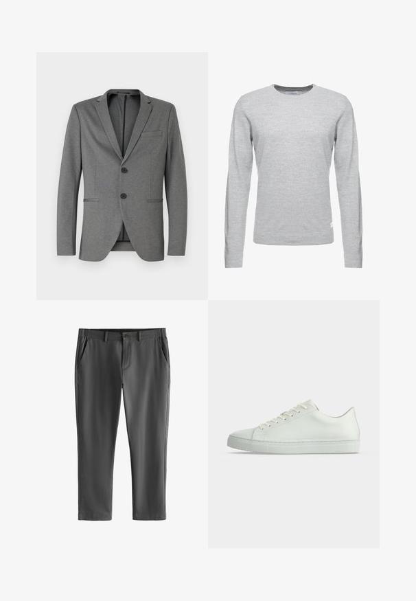 Grauer Blazer mit zwei schwarzen Knöpfen, mit Reverskragen und einer einzelnen Brusttasche. Hergestellt aus strukturiertem Stoff mit schmaler Passform.; Hellgrauer Pullover, lange Ärmel, Rundhalsausschnitt, weiche Textur, minimalistisches Design, kleines Logoetikett am unteren linken Saum.; Dunkelgraue, maßgeschneiderte Hose mit Gürtelschlaufen, vorderem Knopf- und Reißverschluss sowie schrägen Seitentaschen, dargestellt vor weißem Hintergrund.; Weißer Low-Top-Sneaker mit Schnürsenkeln, glattem Lederobermaterial und flacher Gummisohle, von der Seite auf neutralem Hintergrund gezeigt.