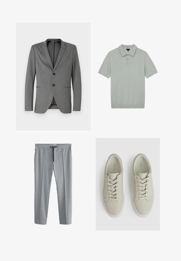 Grauer Blazer mit zwei schwarzen Knöpfen, mit Reverskragen und einer einzelnen Brusttasche. Hergestellt aus strukturiertem Stoff mit schmaler Passform.; Hellgraues Poloshirt mit kurzen Ärmeln, drei Knöpfen und Kragen, flach auf weißem Hintergrund liegend dargestellt.; Hellgraue Hose mit geradem Bein, Kordelzugbund und Seitentaschen, flach auf weißem Hintergrund gezeigt.; Helle beige Leder-Sneaker mit strukturiertem Finish, ausgestattet mit sechs Ösen, flachen Schnürsenkeln und einer weißen Gummisohle. Goldene Markenbeschreibung im Inneren.