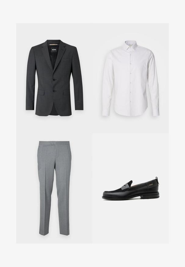 Blazer gris oscuro con dos botones, solapas de muesca y un bolsillo en el pecho, hecho de tela texturizada. El interior forrado cuenta con la etiqueta de la marca.; Camisa blanca de manga larga con cuello puntiagudo, cierre frontal con botones, fabricada en un tejido suave. Presenta una sutil textura a rayas.; Pantalones grises a medida hechos de una tela texturizada, con un diseño de frente plano, trabillas para cinturón y dos bolsillos laterales. Diseño de pierna recta.; Mocasín de cuero negro con detalle de tira gris, tacón bajo y suela texturizada, con la marca "HUGO" en oro en el lateral.