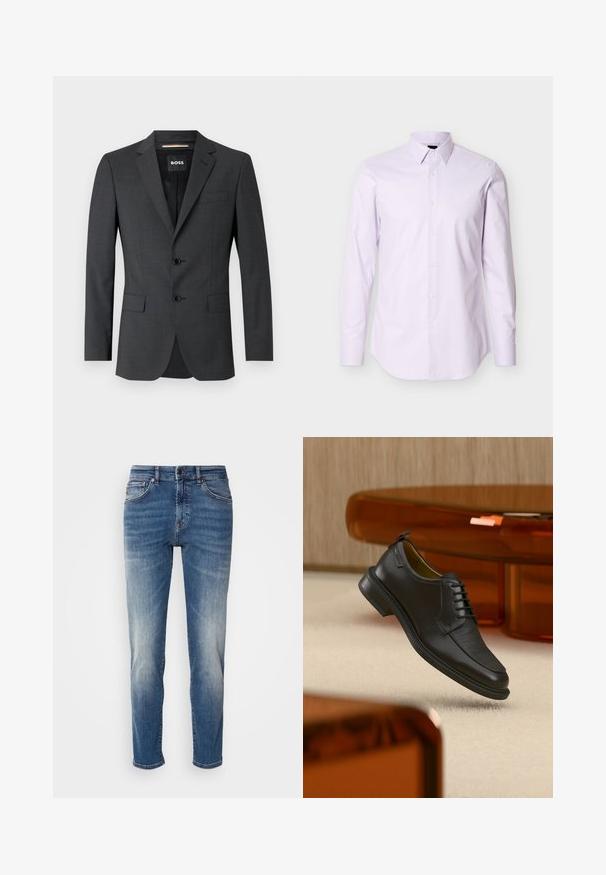 Donkergrijze blazer met twee knopen, notch revers en een enkele borstzak, gemaakt van gestructureerde stof. De gevoerde binnenkant heeft een merketiket.; Lichtpaars herenoverhemd met lange mouwen, een knoopsluiting aan de voorkant en een spitse kraag, weergegeven op een effen witte achtergrond.; Blauwe denim jeans met een recht model, lichte vervaging, klassieke vijf-pocketstijl en een ritssluiting met knoopsluiting.; Zwarte leren veterschoen in de stijl van een nette schoen met een gestructureerd vooraanzicht, zwevend boven een beige tapijt in een moderne kamer met amberkleurige meubelen.