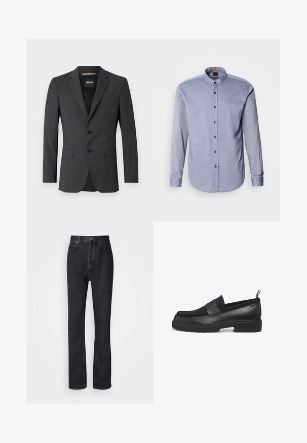 Dunkelgrauer Blazer mit zwei Knöpfen, Reverskragen und einer Brusttasche, aus texturiertem Stoff. Das gefütterte Innere trägt das Markenlabel.; Hemd mit knöpfbarem Kragen aus hellblauem Stoff, mit Stehkragen, langen Ärmeln und dunkelblauen Knöpfen. Weiche Textur mit dezentem Muster.; Hochtaillierte schwarze Jeans aus Denim mit Knopf- und Reißverschluss, Vorder- und Hintertaschen sowie einer geraden Passform.; Schwarze Loafers mit glattem Lederkörper, Gummisohle und strukturierten Akzenten am Obermaterial. Verfügen über eine abgestochene Naht und ein zum Hineinschlüpfen gestaltetes Design.