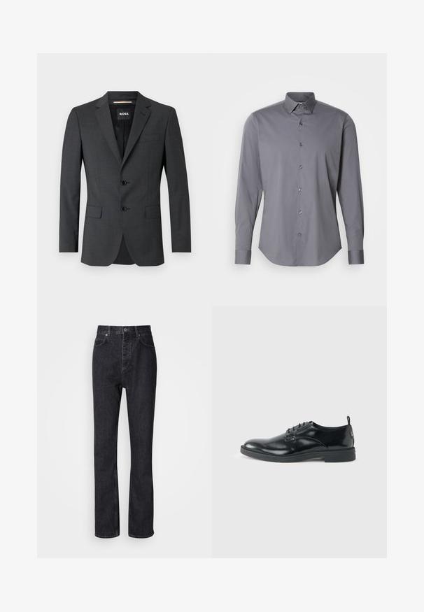 Donkergrijze blazer met twee knopen, notch revers en een enkele borstzak, gemaakt van gestructureerde stof. De gevoerde binnenkant heeft een merketiket.; Grijze overhemd met lange mouwen, gemaakt van glad katoen. Heeft een klassieke kraag en een afgeronde zoom met zes donkere knopen aan de voorkant.; Hoge taille zwarte denim jeans met een knoop- en ritssluiting, voor- en achterzakken en een rechte pasvorm.; Glanzende zwarte lederen nette schoen met lage hak, vetersluiting en ronde neus, van opzij getoond tegen een effen lichte achtergrond.