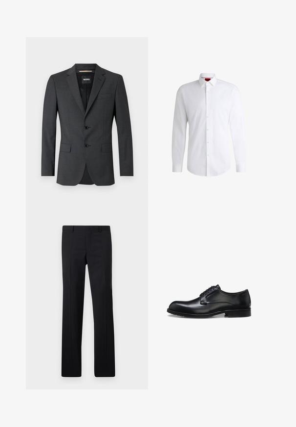 Dunkelgrauer Blazer mit zwei Knöpfen, Reverskragen und einer Brusttasche, aus texturiertem Stoff. Das gefütterte Innere trägt das Markenlabel.; Weißes Herrenhemd aus glattem Stoff mit klassischem Kragen, langen Ärmeln und abgerundetem Saum. Mit eleganten beigen Knöpfen an der Vorderseite.; Schwarze maßgeschneiderte Hose mit geradem Schnitt, scharfen Falten und glatter Oberfläche. Hergestellt aus leichtem Stoff mit einem sauberen Bund.; Schwarzer polierter Herrenschuh aus Leder mit geschlossenem Schnürsystem, niedrigem Absatz und dezentem Marken-Detail nahe der Ferse auf weißem Hintergrund.
