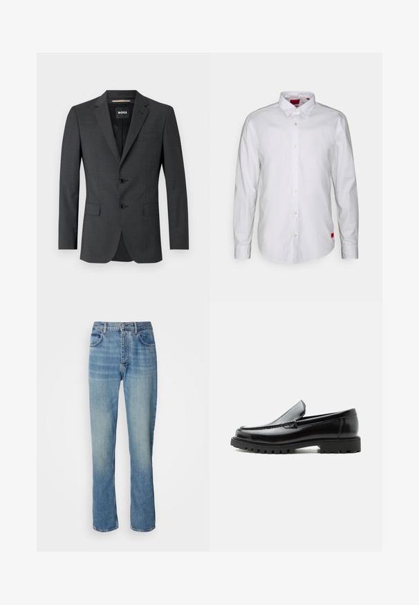 Dunkelgrauer Blazer mit zwei Knöpfen, Reverskragen und einer Brusttasche, aus texturiertem Stoff. Das gefütterte Innere trägt das Markenlabel.; Weiße Langarmbluse mit Button-Down-Kragen, aus leichtem Stoff gefertigt. Enthält ein dezentes Markenetikett in rot an der unteren Seite.; Helle blaue, gerade geschnittene Denim-Jeans mit hoher Taille, vorderem Knopf, Reißverschluss und Fünf-Taschen-Design.; Schwarzer Lederloafer mit grober Gummisohle, genähter Oberseite und geprägtem Markennamen an der Ferse, seitlich auf weißem Hintergrund gezeigt.