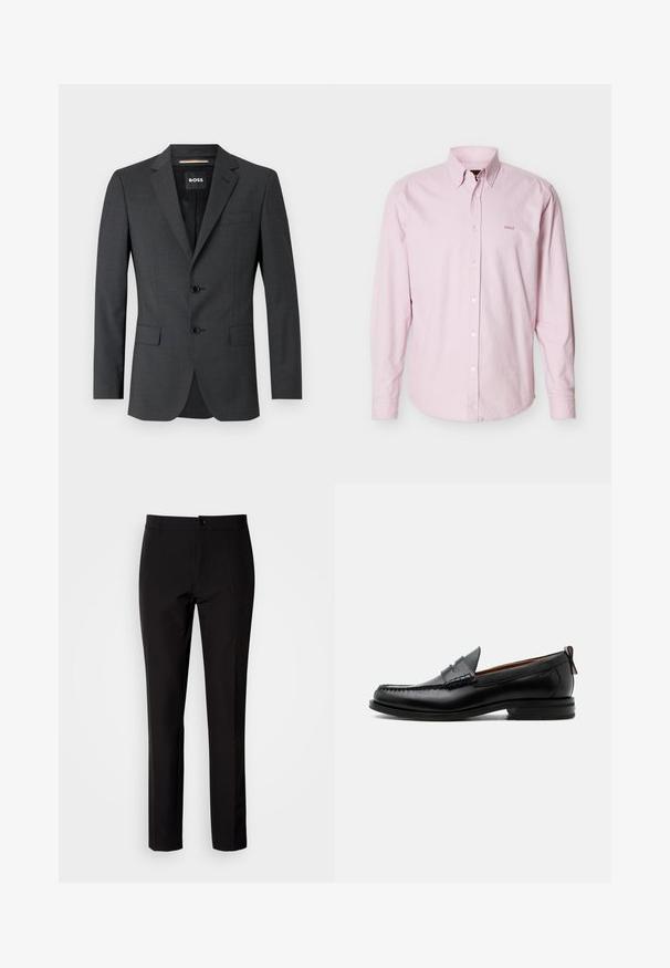 Mørkegrå blazer med to knapper, noterede revers og en enkelt brystlomme, lavet af tekstureret stof. Fôr er mærket med brand logo.; Lyserød langærmet skjorte med knapper og knappet krave samt lille "BOSS"-logo broderet på venstre bryst.; Sorte bukser lavet af glat stof, med lige ben, lukkes med knapper foran og har diskrete sidelommer. Enkelt og skræddersyet udseende.; Sort læder herre loafer med moc-tå syning, penny strop, struktureret krave og lav stablet hæl på hvid baggrund.