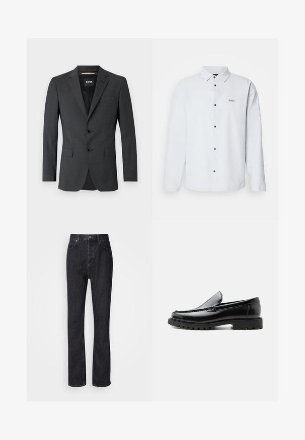 Blazer gris foncé à deux boutons, avec des revers crantés et une poche poitrine unique, fabriqué en tissu texturé. L'intérieur doublé présente une étiquette de marque.; Chemise blanche à manches longues, boutonnée, avec des boutons noirs et un col, présentant un petit logo "BOSS" sur la poitrine gauche.; Jean en denim noir taille haute avec fermeture à bouton et à glissière, poches avant et arrière, et coupe droite.; Mocassin en cuir noir avec semelle en caoutchouc épaisse, dessus cousu et nom de marque embossé sur le talon, présenté de profil sur fond blanc.
