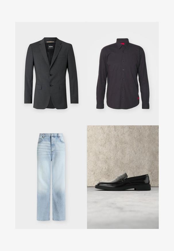 Mørkegrå blazer med to knapper, noterede revers og en enkelt brystlomme, lavet af tekstureret stof. Fôr er mærket med brand logo.; Sort langærmet skjorte i bomuld, med spidse kraver, knaplukning fortil og en rød detalje indeni kraven. Struktureret stof uden mønstre.; Lyseblå, højtaljede jeans med rette ben, forlommer, bæltestropper og knaplukning.; Sort poleret læderloafer flydende over beige tæppe med orange gennemsigtigt møbel i baggrunden.