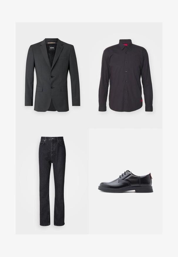 Blazer gris oscuro con dos botones, solapas de muesca y un bolsillo en el pecho, hecho de tela texturizada. El interior forrado cuenta con la etiqueta de la marca.; Camisa negra de manga larga hecha de algodón, con cuello tipo punta, botonadura frontal y un acento rojo en el interior del cuello. Tejido texturizado sin patrones.; Jeans de mezclilla negros de cintura alta con cierre de botón y cremallera, bolsillos frontales y traseros, y corte recto.; Zapatos de piel negra con cordones, textura lisa, puntera redondeada y detalles sutiles de costura. Cuentan con una lengüeta roja en el talón.