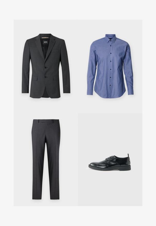 Donkergrijze blazer met twee knopen, notch revers en een enkele borstzak, gemaakt van gestructureerde stof. De gevoerde binnenkant heeft een merketiket.; Blauw overhemd met lange mouwen, een puntige kraag en zwarte knopen aan de voorkant, afgebeeld tegen een witte achtergrond.; Op maat gemaakte donkergrijze broeken van een soepel, gestructureerd weefsel; heeft een vlakke voorkant en rechte pijpen; minimalistisch ontwerp zonder zichtbare accenten.; Glanzende zwarte lederen nette schoen met lage hak, vetersluiting en ronde neus, van opzij getoond tegen een effen lichte achtergrond.