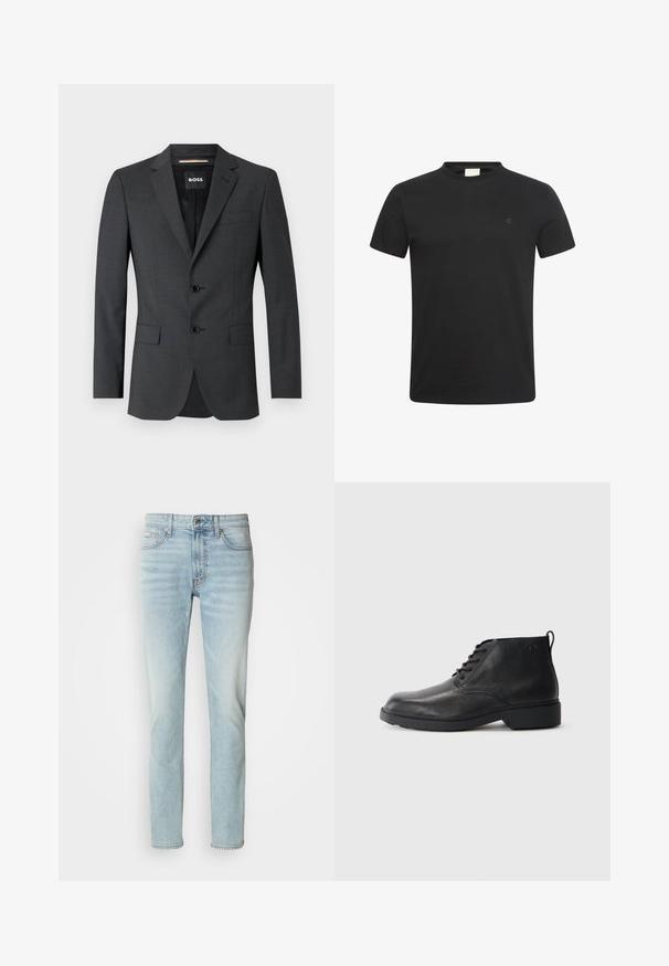 Donkergrijze blazer met twee knopen, notch revers en een enkele borstzak, gemaakt van gestructureerde stof. De gevoerde binnenkant heeft een merketiket.; Zwart T-shirt met korte mouwen en ronde hals met een klein subtiel "cK" logo op de linkerborst.; Lichtblauwe jeans van denim, met een rechte pijp, een normale taillehoogte en subtiele vervaging. Inclusief vijf zakken en een metalen knoop.; Zwarte leren laarzen met een gestructureerde afwerking, ronde neus, vetersluiting aan de voorkant en een stevige rubberen zool. Voorzien van een klein aantreklipje aan de achterkant.