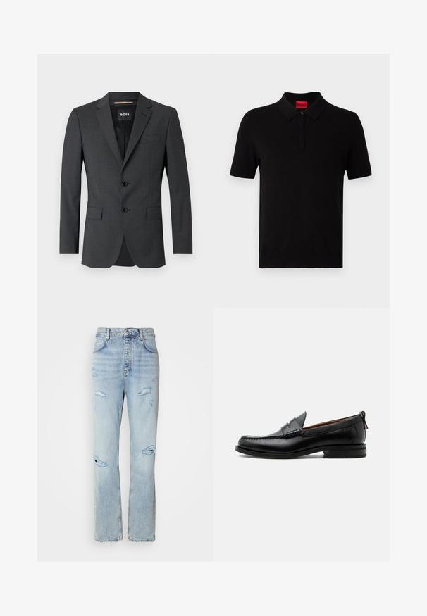 Dunkelgrauer Blazer mit zwei Knöpfen, Reverskragen und einer Brusttasche, aus texturiertem Stoff. Das gefütterte Innere trägt das Markenlabel.; Schwarzes Polohemd aus glattem Baumwollstoff. Verfügt über einen klassischen Kragen, kurze Ärmel und ein rotes Etikett am Halsausschnitt. Keine Muster oder Akzente.; Hellblaue Jeans mit legerer Passform, featuring distressed Stellen und fransigen Kanten. Der Stoff hat eine weiche, glatte Textur.; Schwarzer Leder-Herrenschuh mit Mokassinnaht, Penny-Riemen, strukturiertem Kragen und niedrigem gestapeltem Absatz auf weißem Hintergrund.
