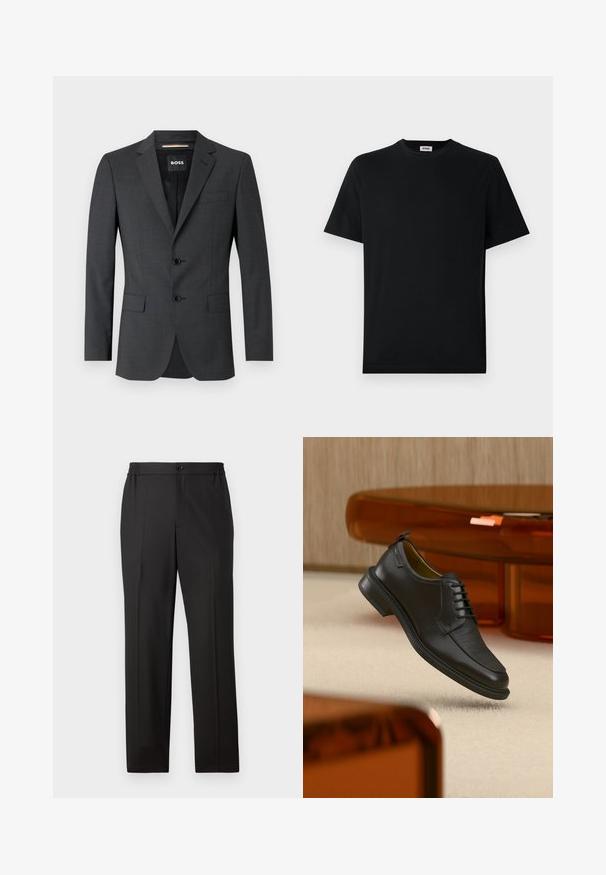 Donkergrijze blazer met twee knopen, notch revers en een enkele borstzak, gemaakt van gestructureerde stof. De gevoerde binnenkant heeft een merketiket.; Eenzwarte korte mouwen T-shirt met ronde hals, plat weergegeven tegen een witte achtergrond, met een klein merkje binnenin de kraag.; Zwarte broek met een rechte pijpdesign, elastische tailleband met knoopsluiting, vlakke voorkant en gladde stofstructuur.; Zwarte leren veterschoen in de stijl van een nette schoen met een gestructureerd vooraanzicht, zwevend boven een beige tapijt in een moderne kamer met amberkleurige meubelen.