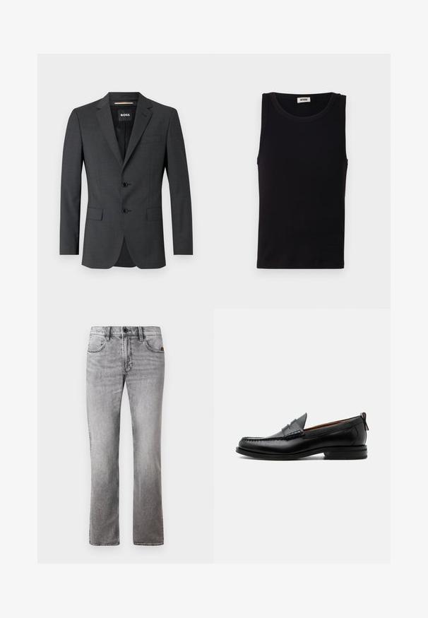 Dunkelgrauer Blazer mit zwei Knöpfen, Reverskragen und einer Brusttasche, aus texturiertem Stoff. Das gefütterte Innere trägt das Markenlabel.; Schwarzes ärmelloses Tanktop aus weicher Baumwolle. Verfügt über einen runden Ausschnitt und einen geraden Schnitt mit minimalen Nähdetails.; Graue Denim-Jeans mit geradem Bein-Schnitt, ausgestattet mit fünf Taschen, einem Knopf- und Reißverschluss sowie leicht verblassten Bereichen.; Schwarzer Leder-Herrenschuh mit Mokassinnaht, Penny-Riemen, strukturiertem Kragen und niedrigem gestapeltem Absatz auf weißem Hintergrund.