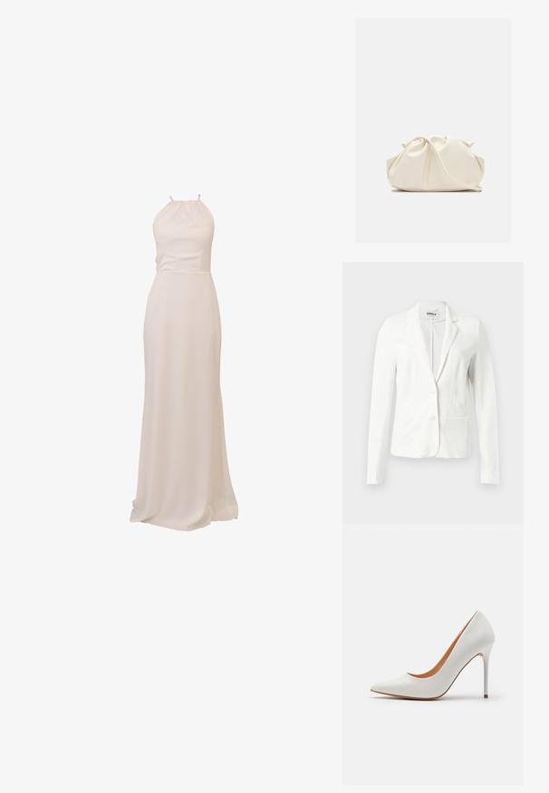 Blazer blanc cintré avec deux boutons, revers crantés, manches longues et une poche passepoilée à l'avant droite.; Robe longue et fluide en tissu crème avec un design à col licou et une taille ajustée, présentant une texture lisse et une silhouette élégante.; Pompe à talon aigu en cuir verni blanc avec un bout pointu et une fine talon stiletto, présentant une texture lisse et un intérieur beige.; Pochette en cuir souple couleur crème avec un design froncé et une fine bandoulière reposant à l’avant sur un fond uni.
