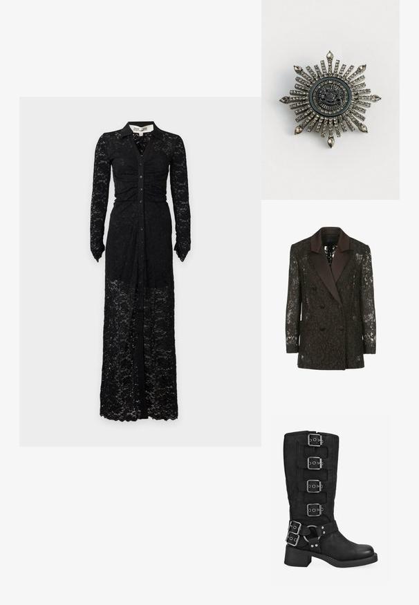 Blazer negro de encaje con cuello chal de satén, frente cruzado con botones y dos bolsillos de parche, que muestra patrones florales.; Vestido largo maxi de manga larga negro de encaje con cierre de botones en la parte delantera y cintura ajustada, con cuello y tejido de encaje floral semi-transparente.; Bota negra hasta la mitad de la pantorrilla con cuatro hebillas plateadas en la caña, dos hebillas cerca del tobillo y un tacón bajo y cuadrado.; Broche en forma de estrella en metal de tono plateado con rhinestones transparentes. El diseño central presenta un emblema circular con un detallado intrincado.