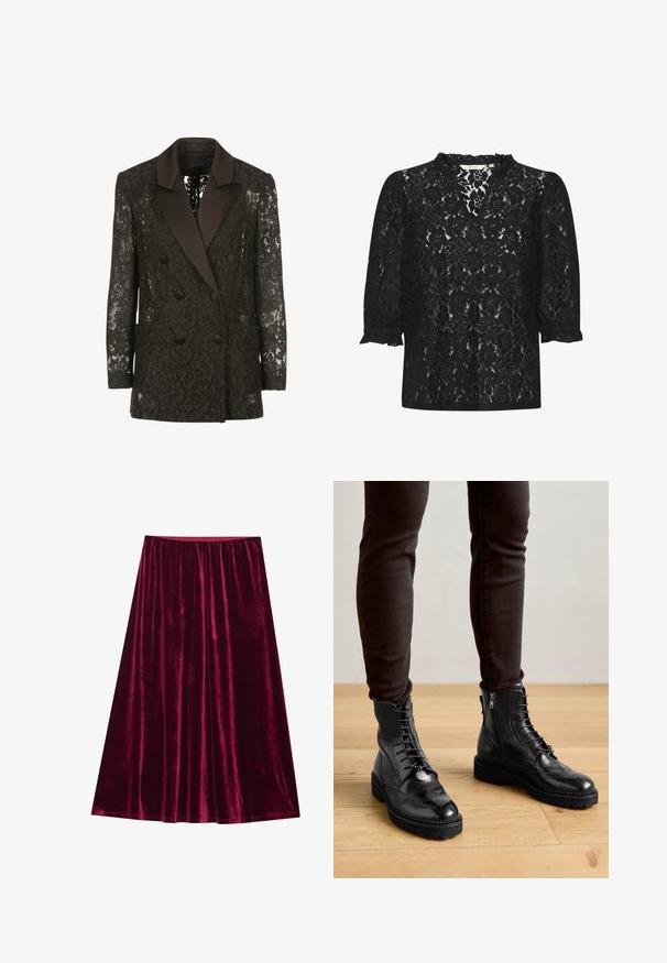 Zwarte kanten blazer met een satijnen schalkraag, dubbele knopen aan de voorkant en twee opgestikte zakken, met bloemmotieven.; Zwarte kantblouse met een V-hals, bloemenpatroon en gepofte mouwen met gerufelde manchetten. Lichtgewicht, semi-doorzichtig materiaal. Merktag zichtbaar aan de binnenkant.; Fluwelen rok in diep bordeauxrood, met een gladde textuur, een volledige lengte en een elastische taille voor comfort. Geen zichtbare sluitingen.; Zwarte leren enkellaarsjes met brogue-details, een vetersluiting aan de voorkant, ritsen aan de zijkant en gestructureerde rubberen zolen. Gecombineerd met donkere slim-fit broek.