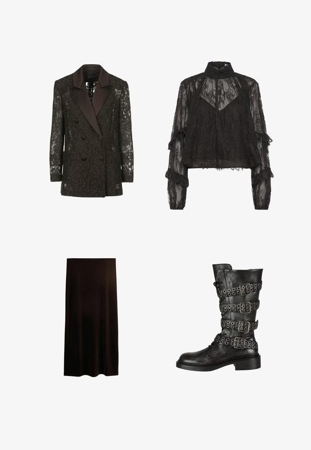 Blazer negro de encaje con cuello chal de satén, frente cruzado con botones y dos bolsillos de parche, que muestra patrones florales.; Blusa de encaje negra con cuello alto, mangas largas transparentes, puños con volantes y un intrincado patrón floral. Diseño corto con un aspecto de varias capas.; Falda midi negra con corte recto y sin patrones ni adornos visibles, presentada sobre un fondo blanco.; Bota de cuero negro hasta la rodilla con múltiples hebillas y ojetes plateados, con punta redonda y un tacón bajo en bloque. Acabado texturizado.
