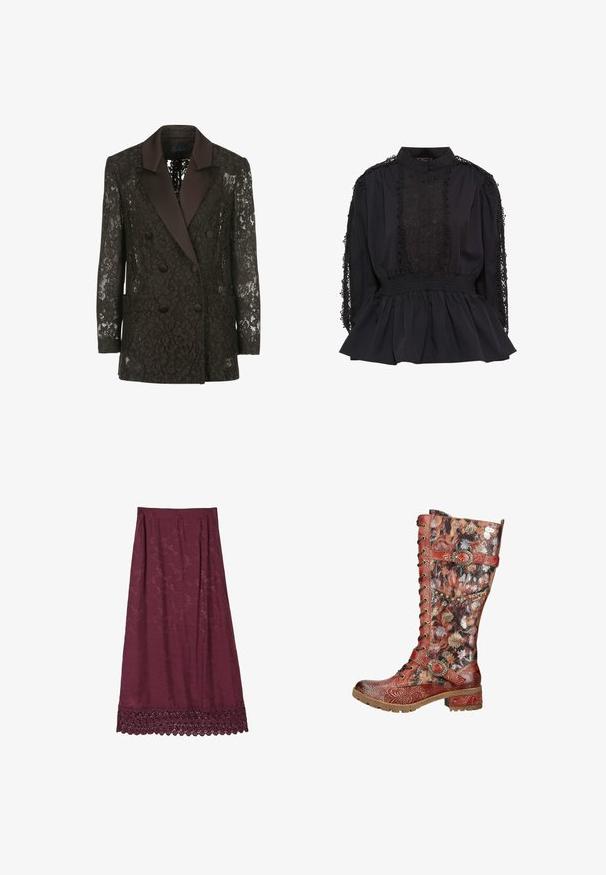 Sort blondejakke med satin sjalskrave, dobbeltknaplukning med knapper og to påsyede lommer, der præsenterer blomstermønstre.; Sort bluse med høj krave, knaplukning foran, blonde detaljer på ærmerne, smocket talje og flagrende kant. Blødt stof med teksturerede accenter.; Lang mørkerød nederdel med subtilt blomsterprint og indviklet blonderand langs kanten mod en hvid baggrund.; Høj rød læderstøvle med blomsterstofpaneler, snørelukning foran, dekorative spænder og lav hæl med præget mønster.