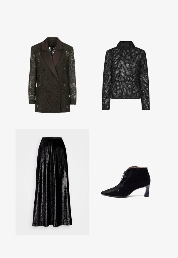 Blazer en dentelle noire avec un col châle en satin, devant double boutonnage et deux poches plaquées, mettant en valeur des motifs floraux.; Veste en dentelle noire avec un motif floral texturé, col montant, manches longues et design court. Matériau transparent avec des détails complexes.; Jupe midi noire en tissu brillant et texturé. Elle dispose d'une taille élastique et d'un design fluide, avec un éclat subtil sur l'ensemble.; Bottine en daim noir avec bout pointu, lacets à l’avant et talon moyen incurvé sur fond blanc.