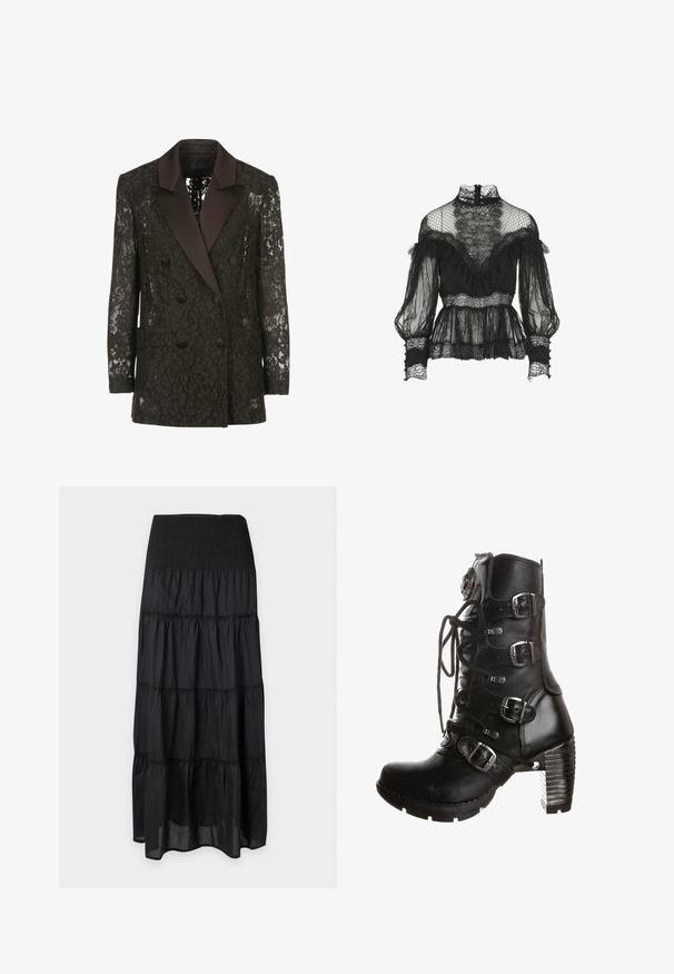 Sort blondejakke med satin sjalskrave, dobbeltknaplukning med knapper og to påsyede lommer, der præsenterer blomstermønstre.; Luisa Spagnoli Lauco- Blouse - Fashion Show - Bluse - nero; Sort lagdelt maxinederdel med smocket elastiklinning og opsamlede stofpaneler, vist fladt på hvid baggrund.; Sort læderstøvle til midtkalven med snøreføring foran, fire sølvspænderemme og en chunky stablet hæl.