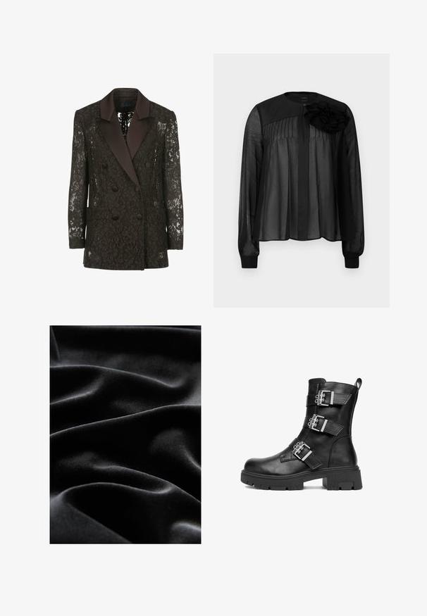 Blazer negro de encaje con cuello chal de satén, frente cruzado con botones y dos bolsillos de parche, que muestra patrones florales.; Blusa negra con mangas largas de gasa, con pliegues en la parte frontal y un adorno de flor de tela en capas en el hombro izquierdo. Cierre de botón en el cuello.; Tela de terciopelo negro con una textura suave, que muestra pliegues suaves y fluidos y un brillo sutil, destacando su rica profundidad y elegancia.; Botín negro de cuero hasta el tobillo con tres hebillas plateadas, punta redonda, suela gruesa y texturizada, y un tirador en la parte posterior. Acabado suave.