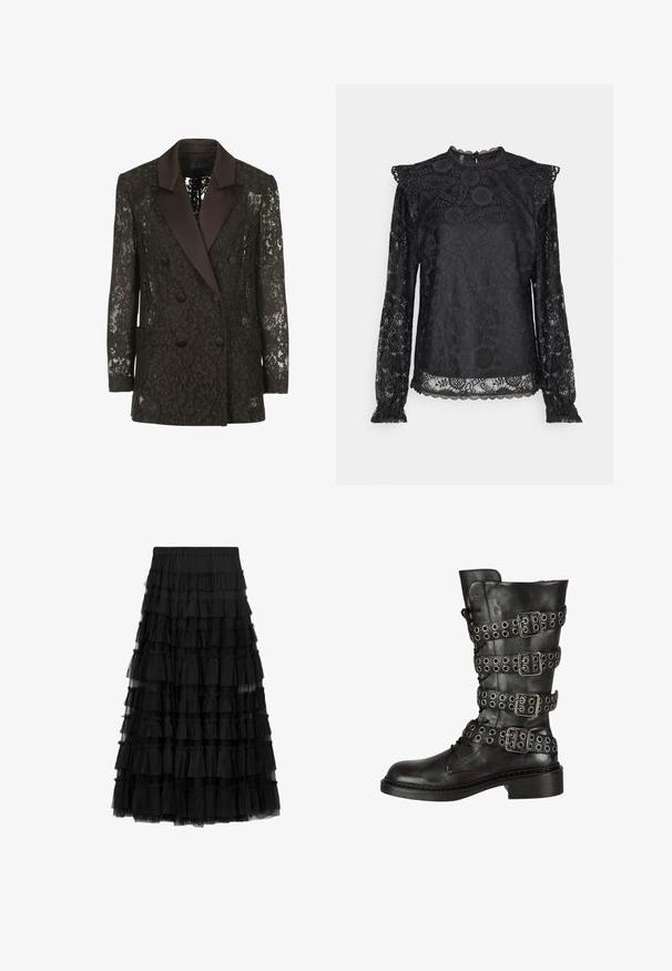 Sort blondejakke med satin sjalskrave, dobbeltknaplukning med knapper og to påsyede lommer, der præsenterer blomstermønstre.; PIECES Tall PCOLLINE - Bluse - black; Sort lagdelt nederdel lavet af tyl med flere flæse-lag og elastik i taljen, med en gennemsigtig tekstur og knælængde design.; Sorte læder knæhøje støvler med flere sølv spænder og hægter, med en afrundet tå og en lav blokhæl. Struktureret finish.